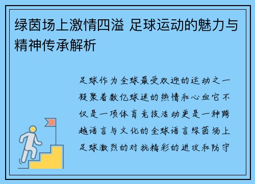 绿茵场上激情四溢 足球运动的魅力与精神传承解析