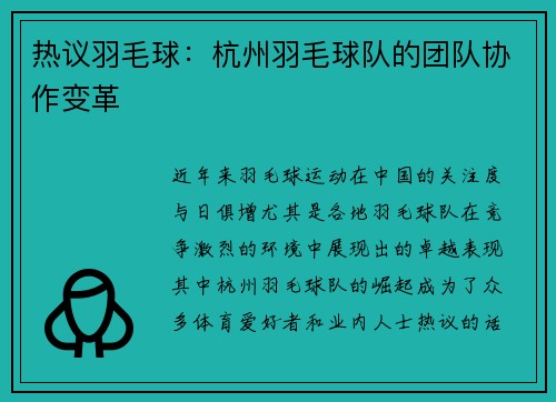 热议羽毛球：杭州羽毛球队的团队协作变革