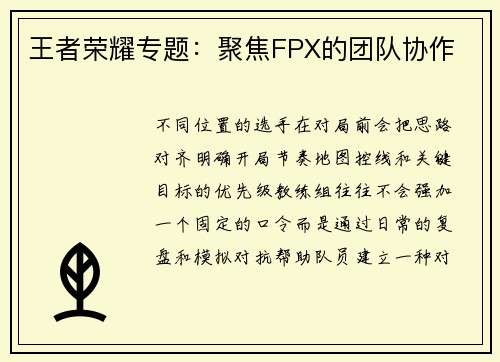 王者荣耀专题：聚焦FPX的团队协作