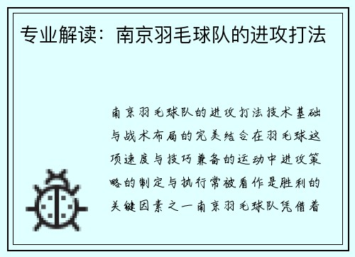 专业解读：南京羽毛球队的进攻打法